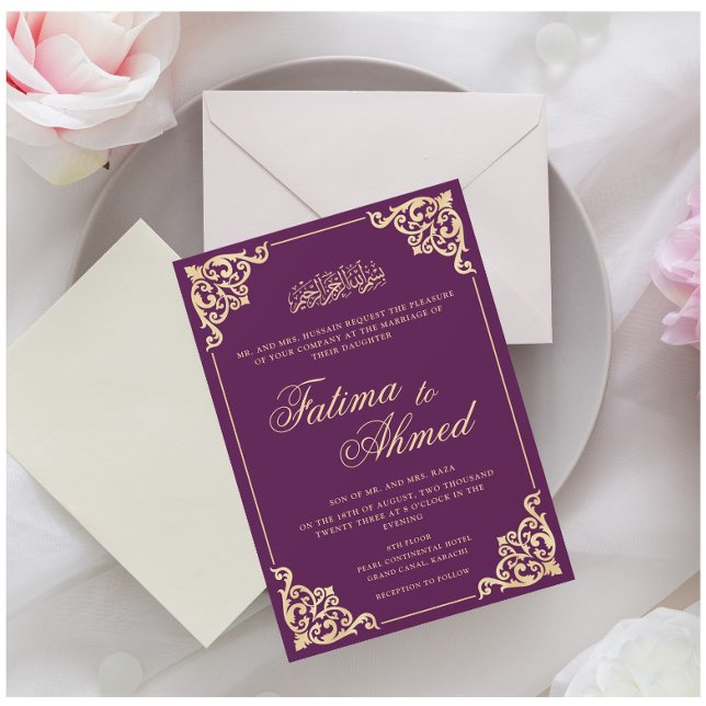 Convite Vintage Casamento Islâmico Roxo-Muçulmano (Criador carregado)