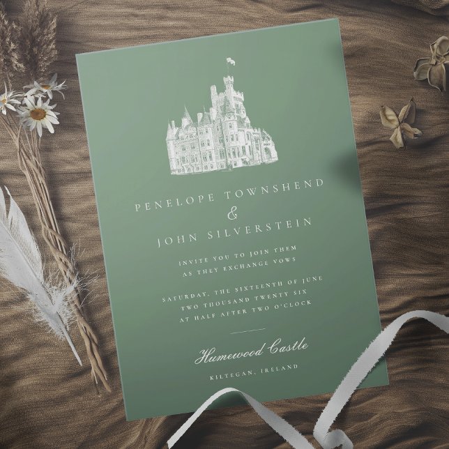 Convite Vintage Castle Illustrando Casamento Verde (Sage green wedding invitation with a white illustration of a castle)