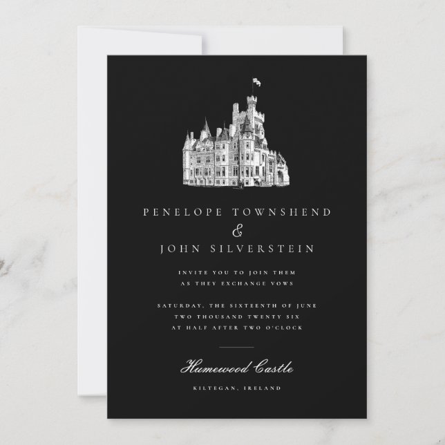 Convite Vintage Castle Illustration Black Wedding (Frente)