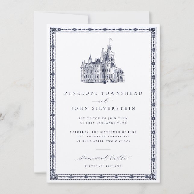 Convite Vintage Castle Illustration Border Silver Wedding (Frente)