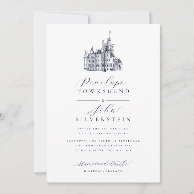 Convite Vintage Castle Illustration Name Script Wedding (Frente)