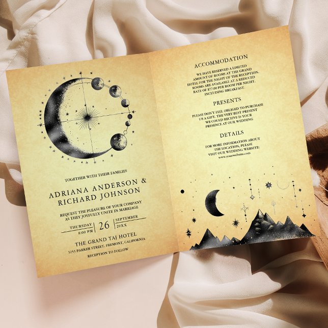 Convite Vintage Celestial Fases da Lua Crescente Casamento (Criador carregado)