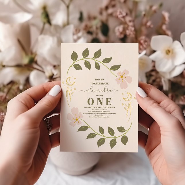 Convite Vintage Celestial primeiro aniversario Botânico (Criador carregado)