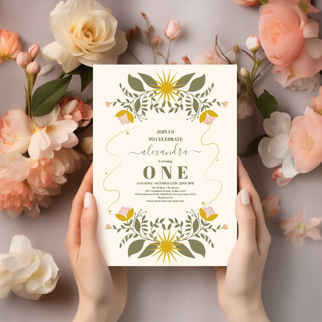 Convite Vintage Celestial primeiro aniversario Botânico (Criador carregado)