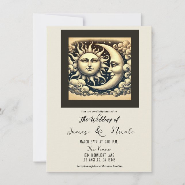 Convite Vintage Celestial Sun & Moon Wedding (Frente)