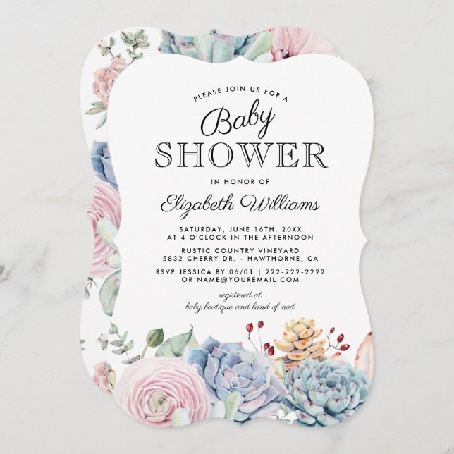 Convite Vintage Chá de fraldas Floral Suculente (Frente/Verso)
