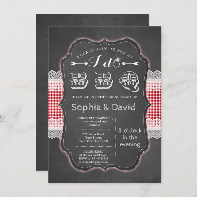 Convite Vintage Chalk Gingham Convido Barbecue (Frente/Verso)