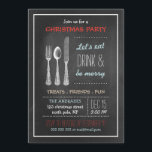 Convite Vintage Chalkboard Christmas Party Red Blue<br><div class="desc">design de estilo de quadro de Natal, modelo de festa de natal, cores vermelho/azul/branco, talheres de vintage, gráfico de bifurcação/colher/faca, vamos/bebida e ser feliz, divertido/simples/festivo/legal, ilustração/imagem/colagem digital, vintage inspirada/style/look/look, texto riscado totalmente personalizável, horizontal vermelho/branco padrão do tipo, linhas pontilhadas, borda branca. Design de festas de Natal divertidas, com ilustração antiga...</div>
