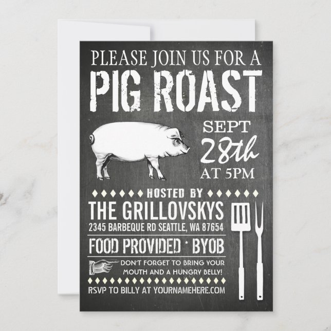 Convite Vintage Chalkboard Pig Roast Invent (Frente)