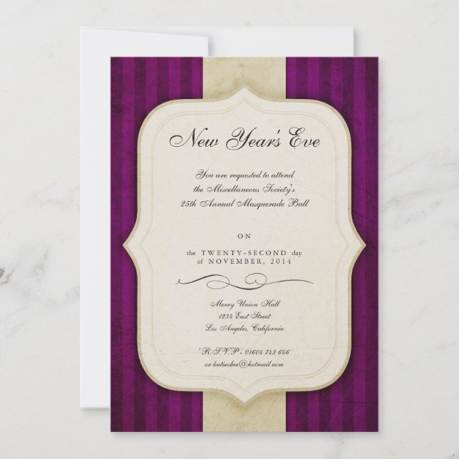 Convite Vintage Charm Ivory & EggPlant Partido de Ano Novo (Frente)