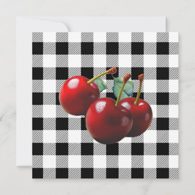 Convite Vintage Cherries Black White Gingham (Frente)