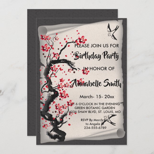 Convite Vintage Cherry Blossom (Frente/Verso)