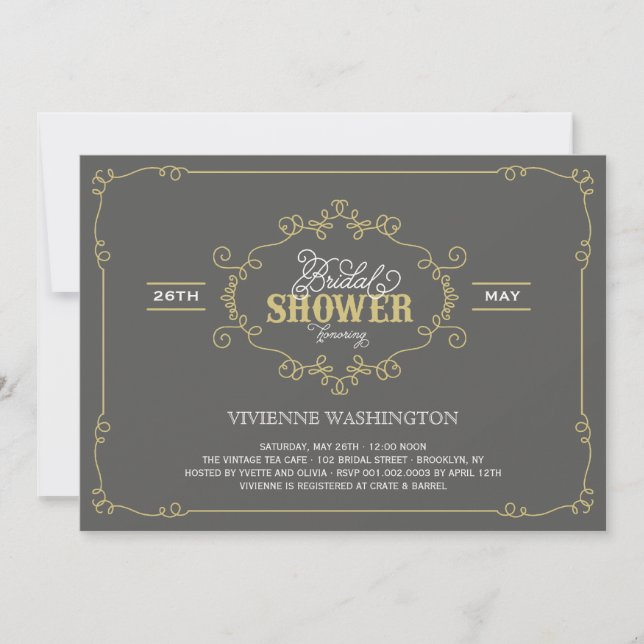 Convite Vintage Chic Flourish Cinza Invite (Frente)