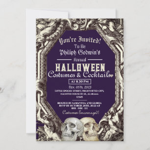 Convite Vintage Chic Gothic Skull Halloween Festa de Figur