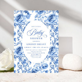 Convite Vintage Chic Navy Toile de Jouy Roses Baby Shower