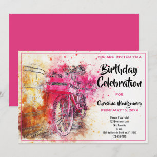 Convite Vintage Chic Pink Watercolor Bicycle Birday