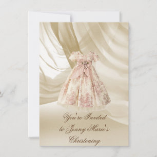 Convite Vintage Christening PINK DAMASK