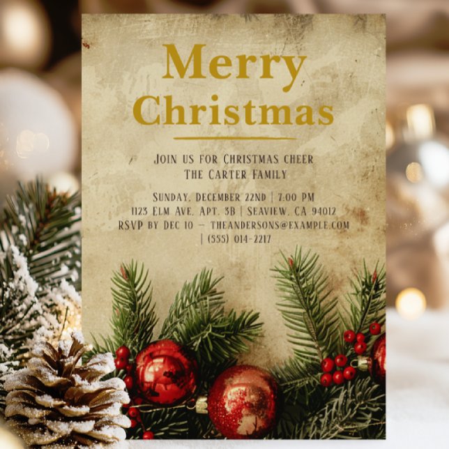 Convite Vintage Christmas Gold Invitation Card | Elegant (Vintage Christmas invitation — burnt parchment background with red & green creeper, timeless charm.!)