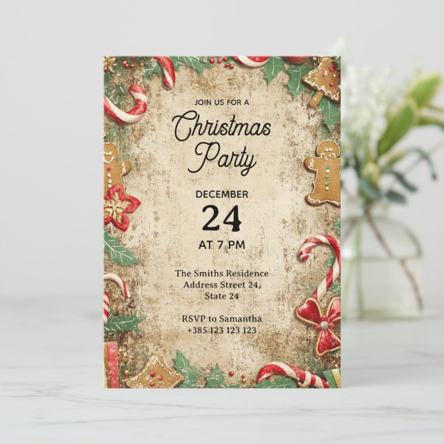 Convite Vintage Christmas Party Invitation (Em pé/Frente)