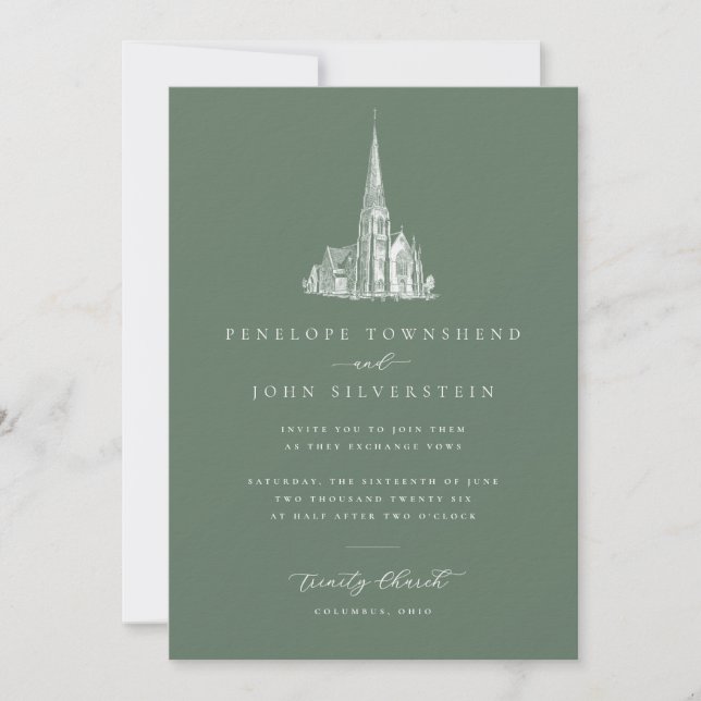 Convite Vintage Church Ilustrando Casamento Verde Sage (Frente)