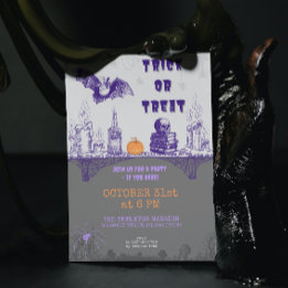 Convite Vintage Cinza Laranja Roxo Doodle Halloween