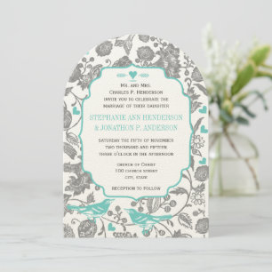 Convite Vintage Cinza Padrão Floral Casamento Lovebird