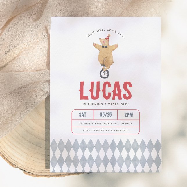 Convite Vintage Circus Bear Boy Birthday Party (Criador carregado)