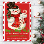 Convite Vintage Classic Snowman - Festa de Natal Personali<br><div class="desc">Este convite de festas retrógrado do século médio apresenta uma borda vermelha e branca de cana doce com um bonitinho boneco de neve vestindo um chapéu, cachecol e carregando uma cana doce. As palavras "juntem-se a nós para um Partido Muito Feliz" acrescentam ao sentimento retrógrado do século médio. Personalize adicionando...</div>