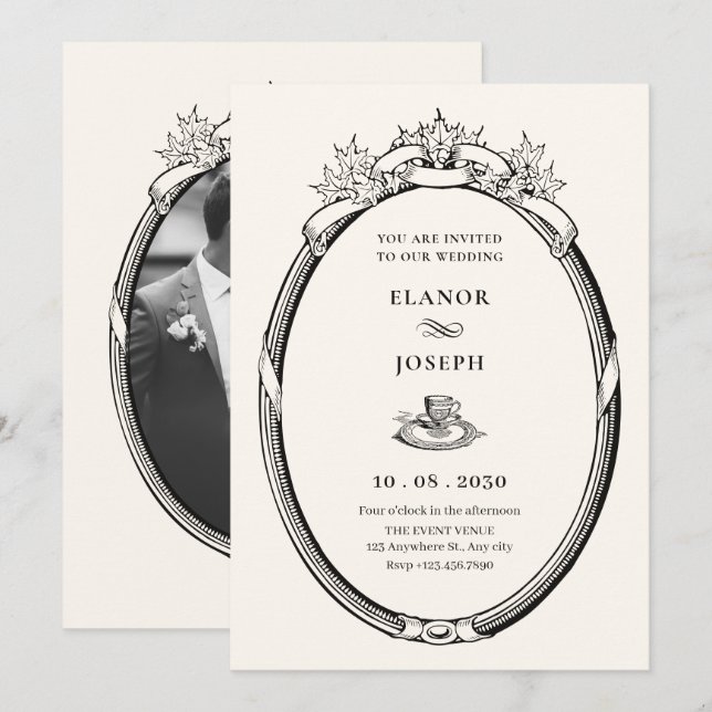 Convite Vintage clássico - foto elegante de casamento (Frente/Verso)