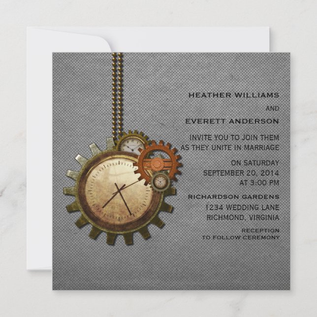 Convite Vintage Clock Weding Invitation, Cinza (Frente)