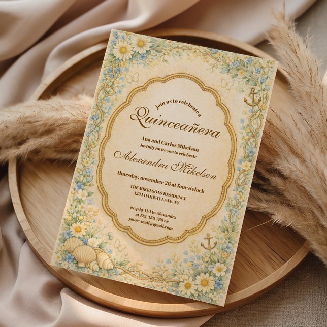Convite Vintage Coastal Daisy Quinceañera (Criador carregado)