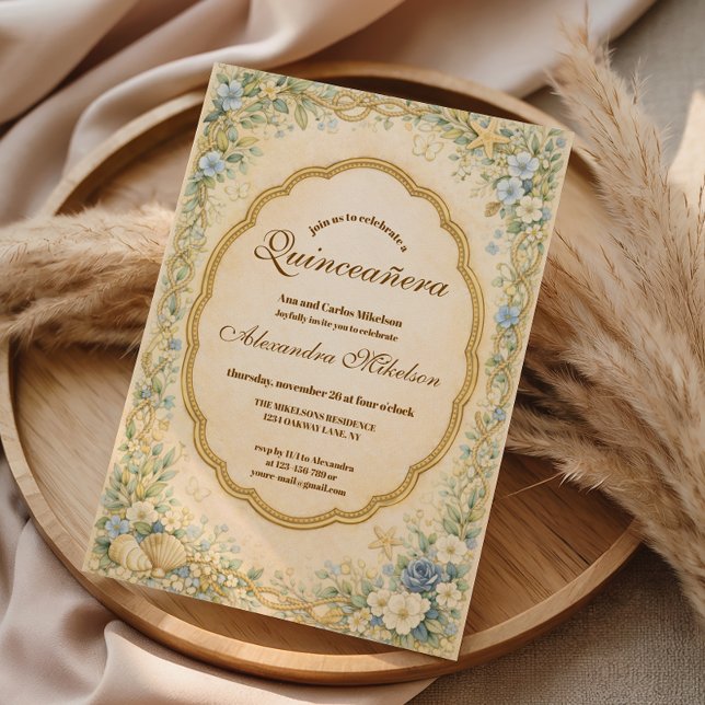 Convite Vintage Coastal Garden Quinceañera (Criador carregado)
