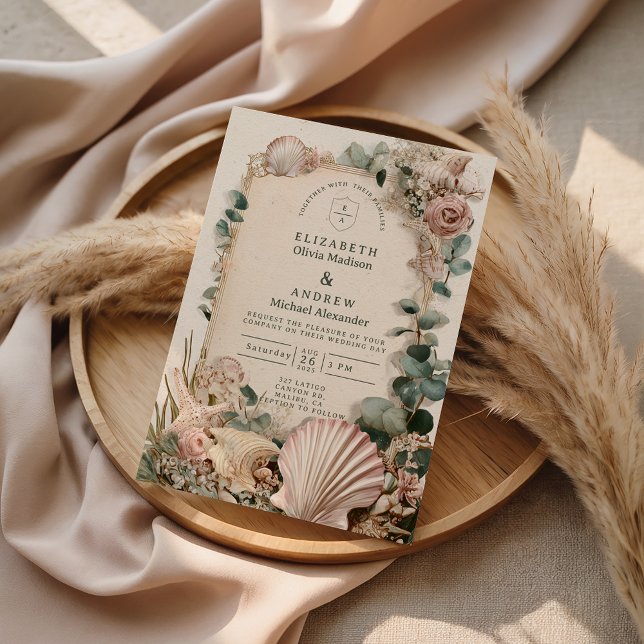 Convite Vintage Coastal Shell Romance Wedding (Criador carregado)
