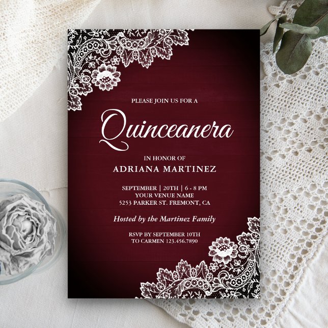 Convite Vintage Country Burgundy Wood Lace Quinceanera (Criador carregado)