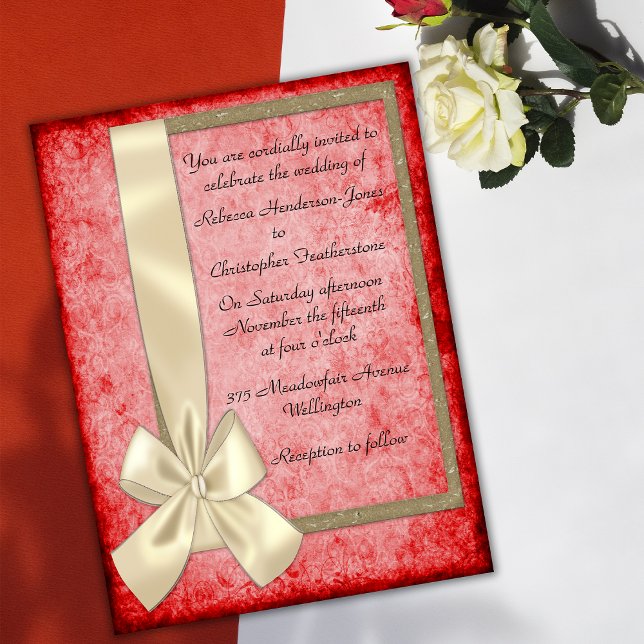Convite Vintage Cream Ribbon and Red Wedings Invtions (Criador carregado)