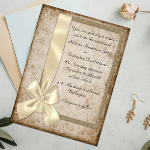 Convite Vintage Cream Ribbon e Brown Wedding Invitations.