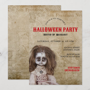 Convite Vintage Creepy Doll Halloween