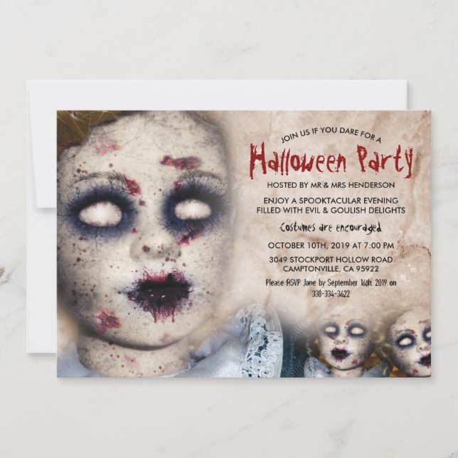 Convite Vintage Creepy Zombie Doll Halloween Party Zazzle Brasil