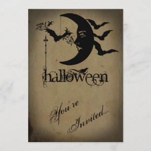 Convite Vintage Crescent Moon e o Bats Halloween Party