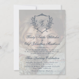 Convite Vintage Crest Cream & Marinho Overlay Casamento de