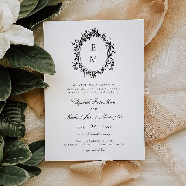 Convite Vintage Crest Monograma Formal Casamento Botânico (Criador carregado)