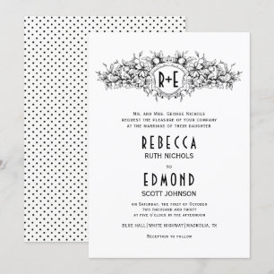 Convite Vintage, crista heráldica com casamento de inicia