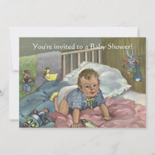 Convite Vintage Cute Baby in Crib with Toys Chá de fraldas