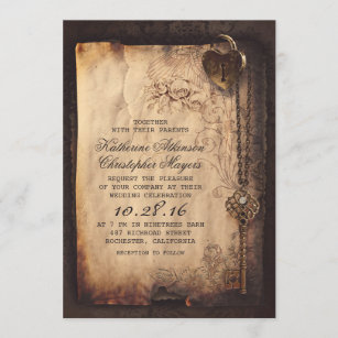 Convite Vintage da Chave do Esqueleto Antigo e Casamento G