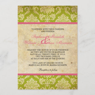 Convite Vintage Damask em Rosa e Verde