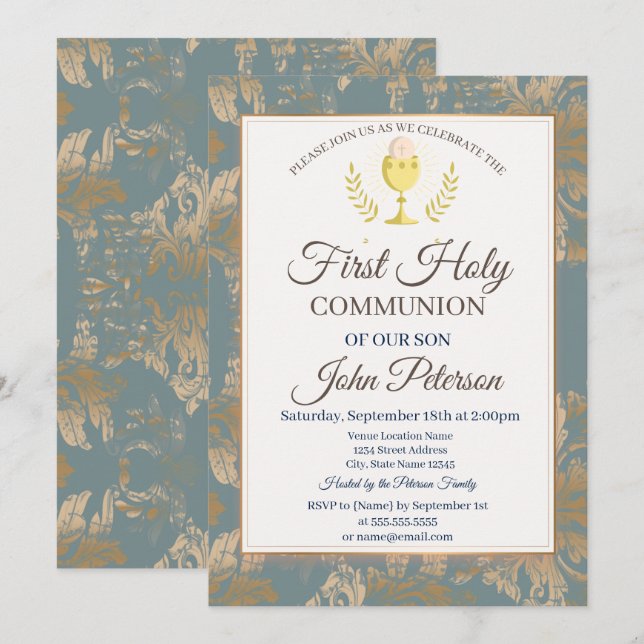 Convite Vintage Damask First Santa Comunhão (Frente/Verso)