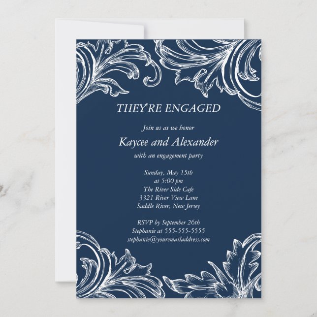 Convite Vintage Damask Noivado Invitations Marinho Azul (Frente)