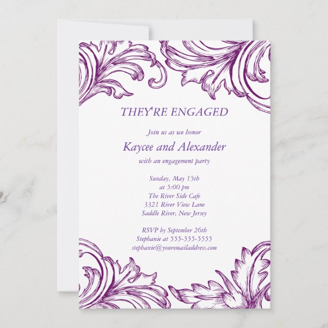 Convite Vintage Damask Noivado Invitations Roxo (Frente)