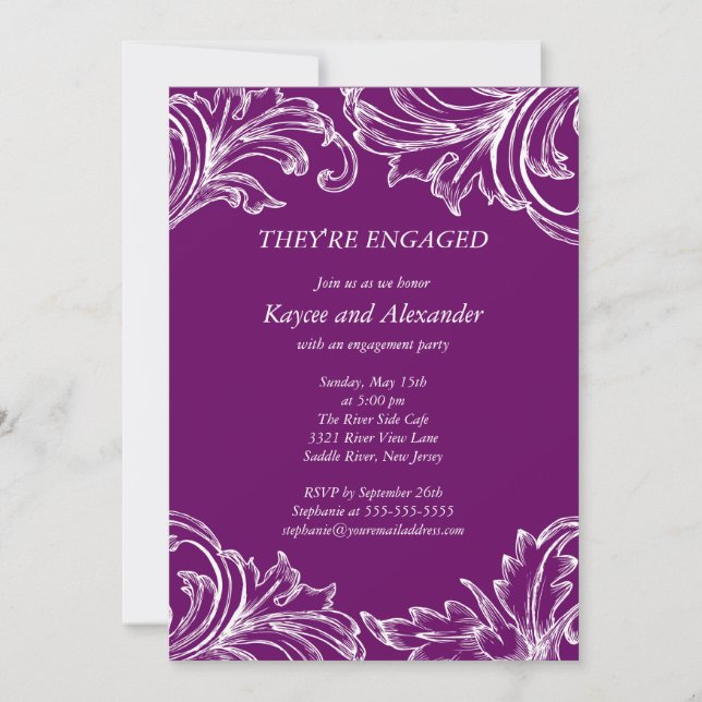 Convite Vintage Damask Noivado Invitations Roxo (Frente)