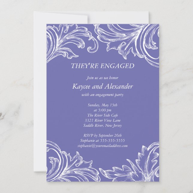 Convite Vintage Damask Noivado Invitations Violet (Frente)